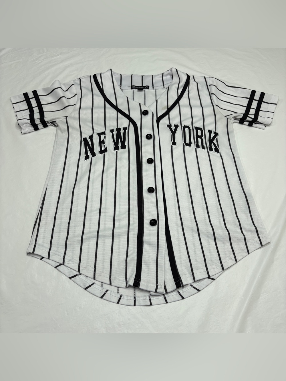 Harper & Ivy New York Pinstripe Baseball Jersey White Black Button Front Mens XS